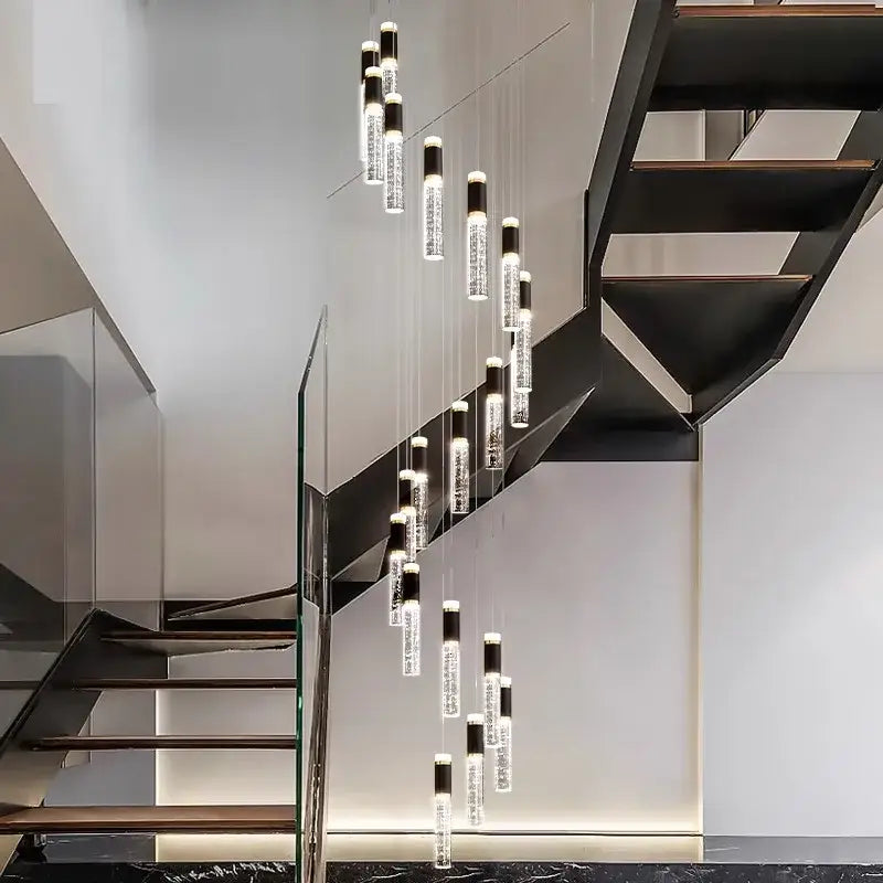 Modern black and clear decorbites crystal chandelier with glass cylinders and black caps in minimalist living room light