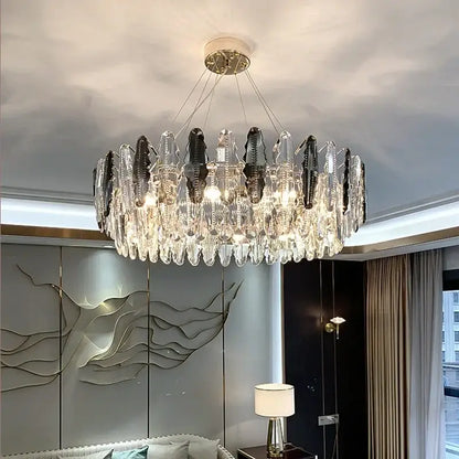 Modern black and clear diamond crystal chandelier pendant lamp with circular design and glass crystal droplets for living room