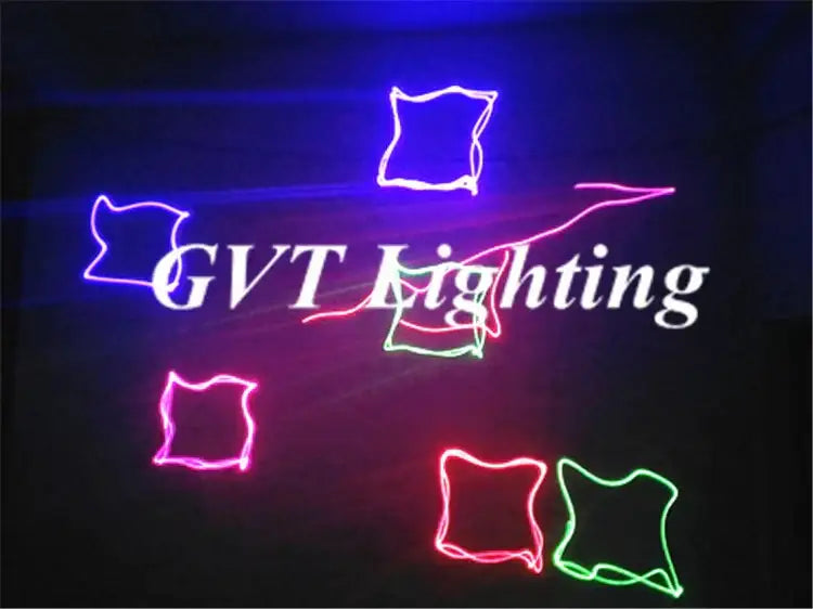 Modern black color laser light disco radium spotlights displaying pink green and purple geometric patterns on dark background