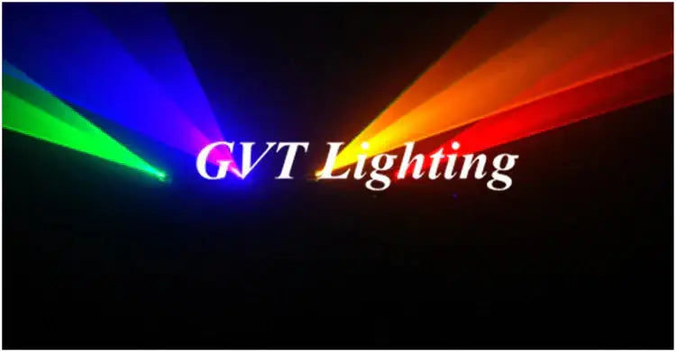 Gvt lighting logo with vibrant rainbow color laser light beams in modern black laser light disco radium stage decor spotlights