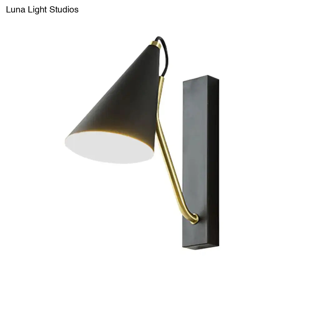 Modern black cone shade wall sconce with brass arm and mounting plate for bedroom led incandescent fluorescent lighting