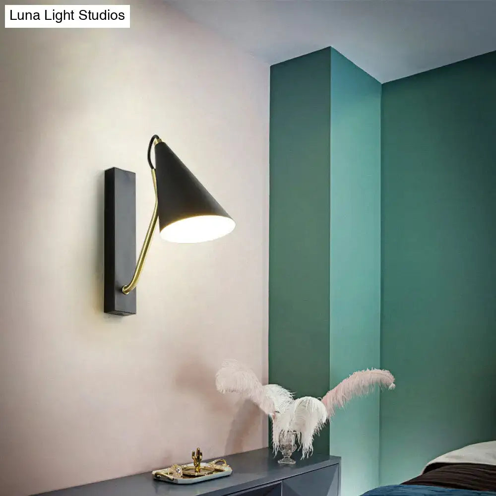 Modern black cone shade wall sconce with brass articulated arm suitable for led incandescent fluorescent bedroom light
