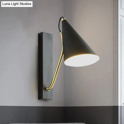 Modern black cone shade wall sconce with brass arm suitable for led incandescent fluorescent bedroom light