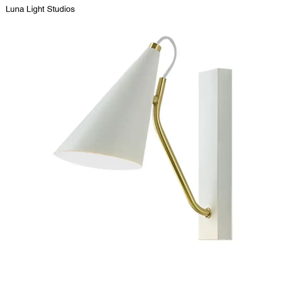 Modern white cone shade wall sconce with brass arm and white wall plate suitable for led incandescent fluorescent lighting