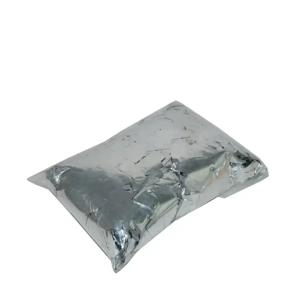 A crinkled reflective silver foil pouch for a modern black confetti streamer cannon machine by decorbites