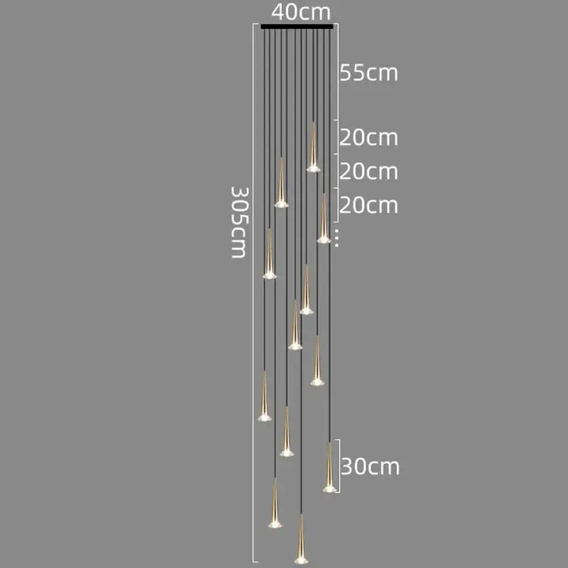 Modern black conical crystal led stair lighting fixture with multiple slender gold-toned pendant lights by decorbites crystal led
