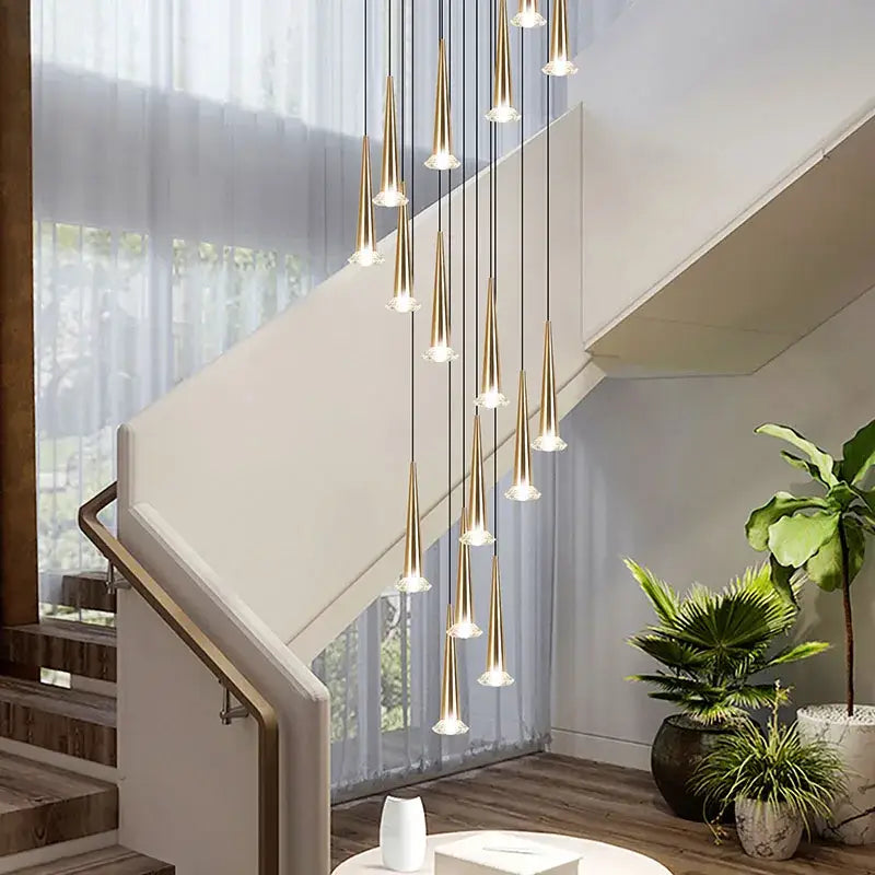 Modern black conical crystal led staircase chandelier featuring gold-toned tapered cones with decorbites crystal led accents