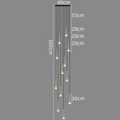 Modern black conical decorbites crystal led chandelier with gold-toned minimalist pendant lights for staircase lighting