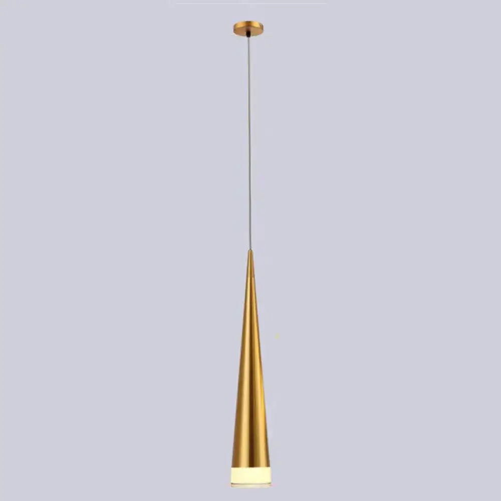 Modern black led pendant lamp with gold-toned conical design and frosted glass base for kitchen island lighting