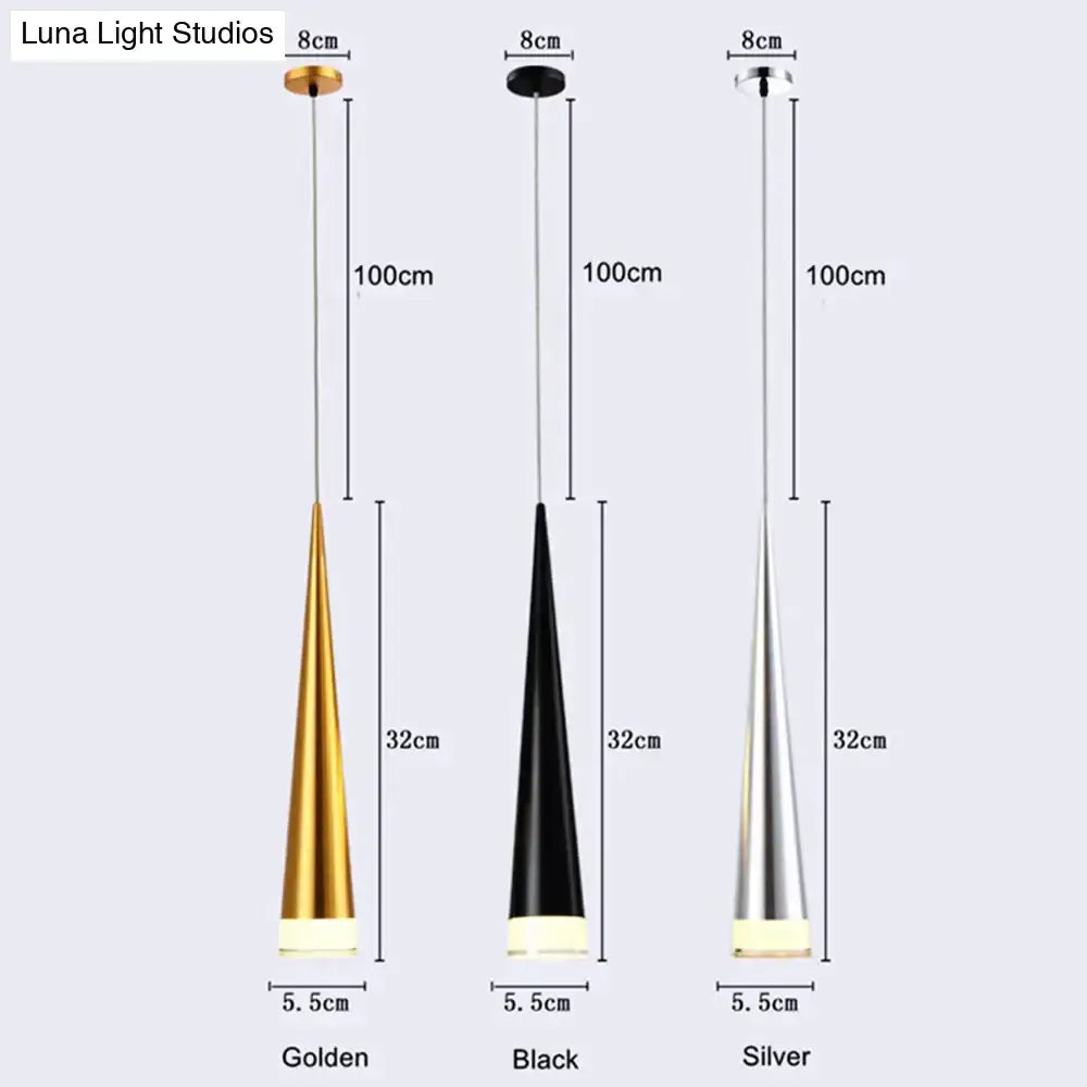Modern black conical led pendant lamp and two additional gold and silver LED pendant lamps with metallic rods for kitchen island