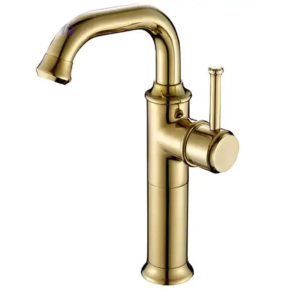 Gold-colored sleek single-handle basin faucet with curved spout and cylindrical base for decorbites black antique brass decor