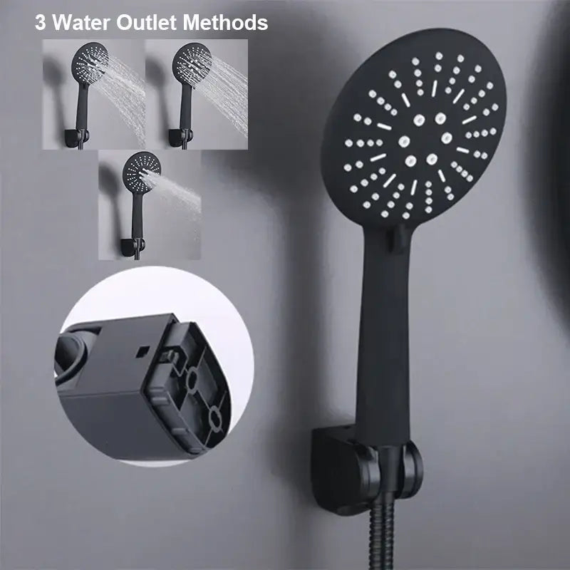 Modern black copper basin faucet with decorbites black copper shower head featuring a circular black matte finish and radial nozzles