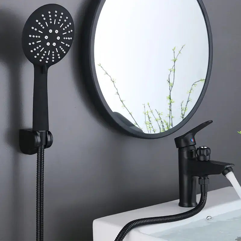 Modern black copper basin faucet with shower head featuring a black matte finish and circular spray nozzles decorbites black copper basin