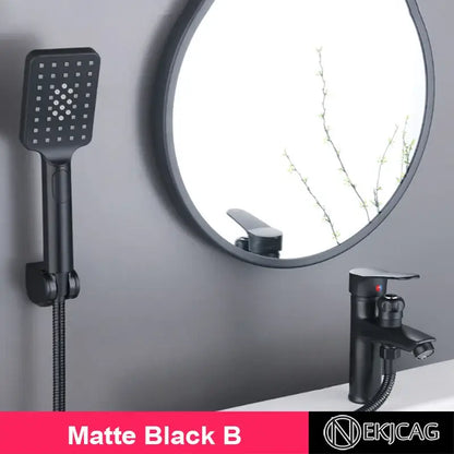 Matte black copper basin faucet with square shower head featuring circular nozzles decorbites black copper design