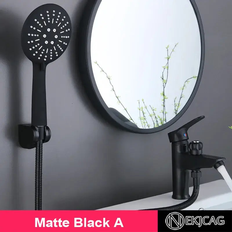 Matte black handheld showerhead with multiple spray nozzles in a modern black copper basin faucet by decorbites