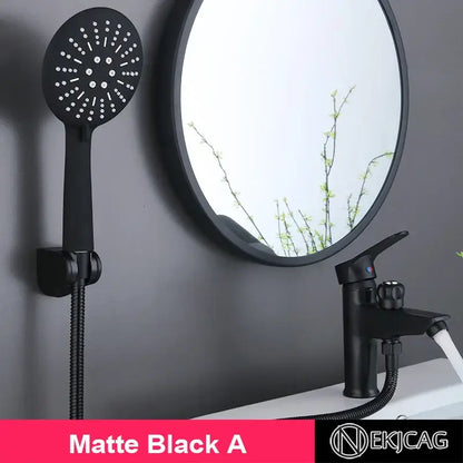 Matte black handheld showerhead with multiple spray nozzles in a modern black copper basin faucet by decorbites