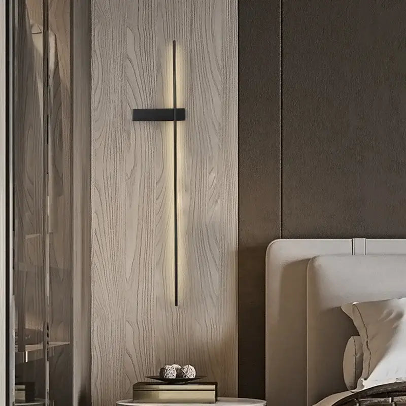 Modern black copper wall lamp with minimalist vertical light beam for bedroom decorbites copper wall lamp design