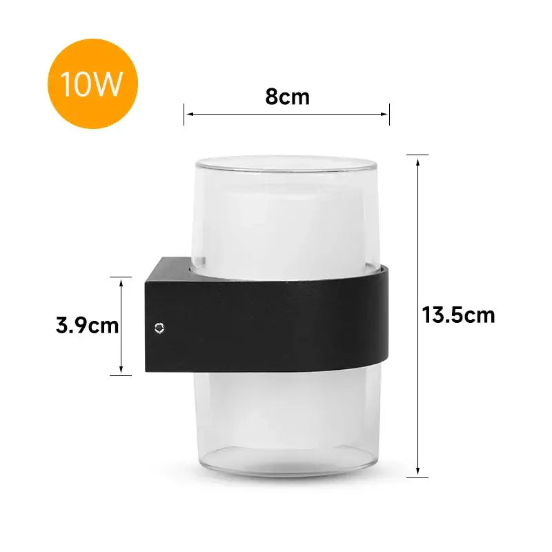 Modern black courtyard led wall light with clear glass cylindrical shade and black rectangular mounting bracket for outdoor use