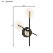 Modern black and cream two-light wall light with spherical textured glass shades and warm white 220v-240v illumination