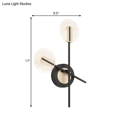 Modern black and cream two-light wall light with spherical textured glass shades and warm white 220v-240v illumination