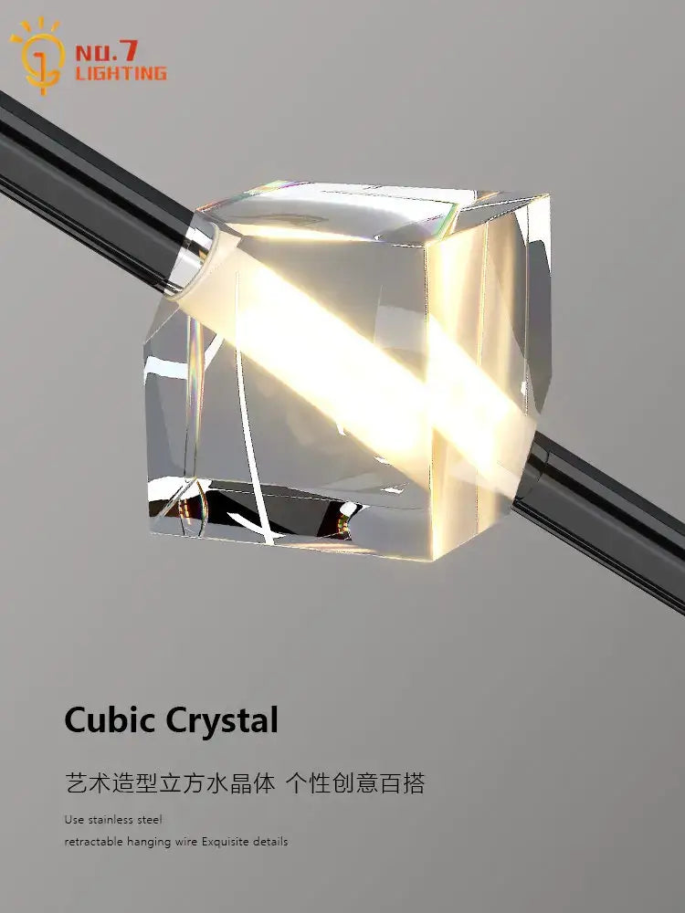 Modern black crystal bedroom pendant lights featuring a clear faceted cubic crystal with sleek black metal frame