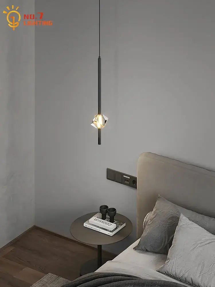 A sleek black crystal bedroom pendant light with a geometric faceted glass shade from decorbites pendant lights collection