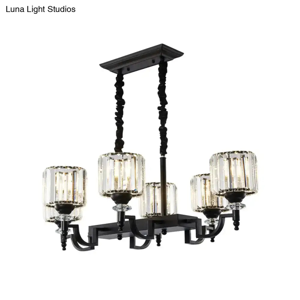 Modern black wrought iron ceiling light with five clear faceted crystal shades and adjustable cord length for dining room