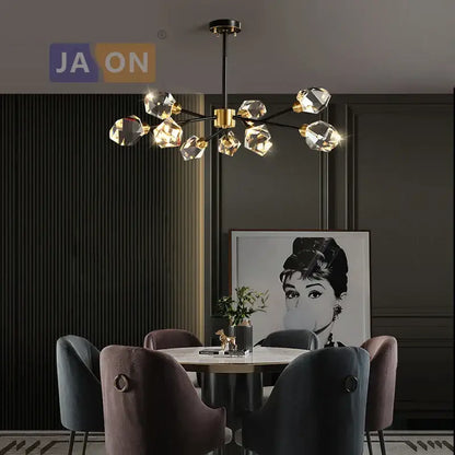 Modern black crystal copper chandelier with black rod gold accents and faceted bulbs for dining room decorbites black crystal