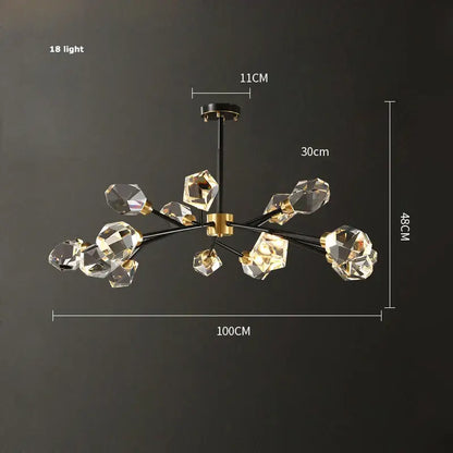 Modern black crystal copper chandelier with 18 illuminated facets and gold-toned accents for dining room decorbites black crystal