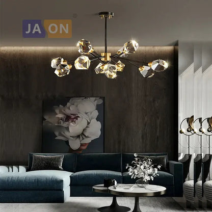 Modern black crystal copper led chandelier with black stem gold accents and faceted crystal pendants for dining room decorbites black crystal