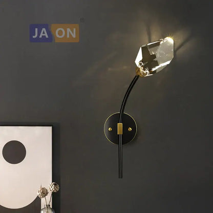 A sleek black crystal copper led wall sconce with a faceted crystal lamp head for modern decorbites black crystal lighting
