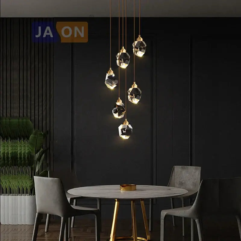 Modern black crystal copper led chandelier with geometric gold-tone metal and faceted glass shades for dining room decorbites black crystal