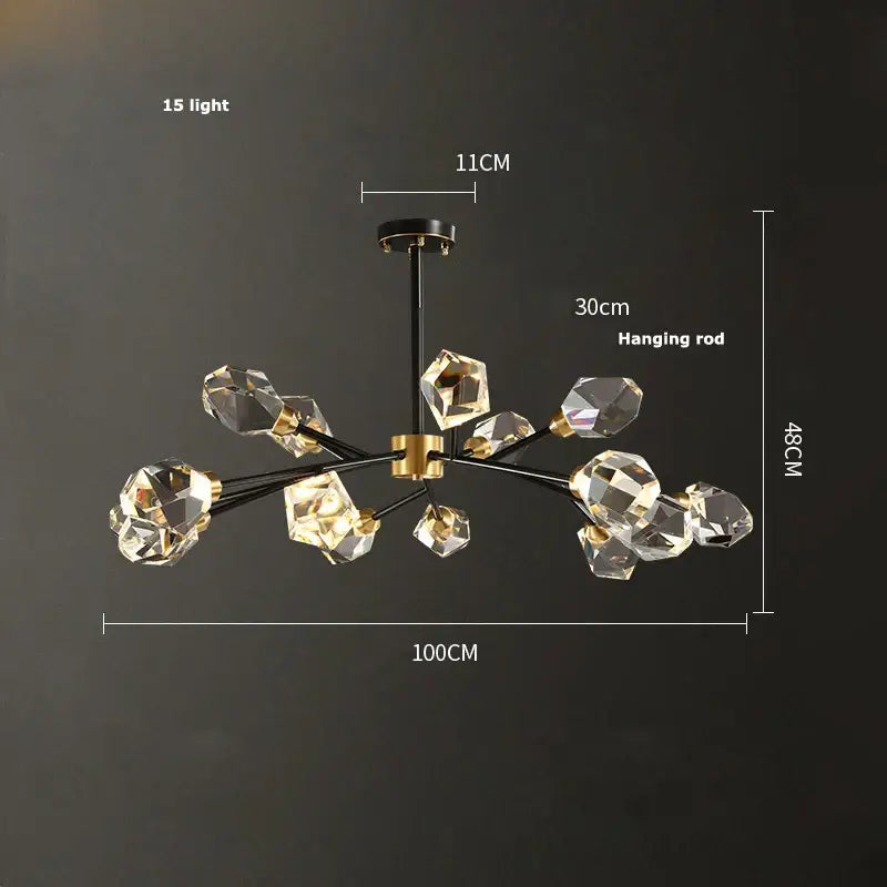 Modern black crystal copper led chandelier with 15 crystal light fixtures black metal arms and brass accent for dining room decorbites black crystal