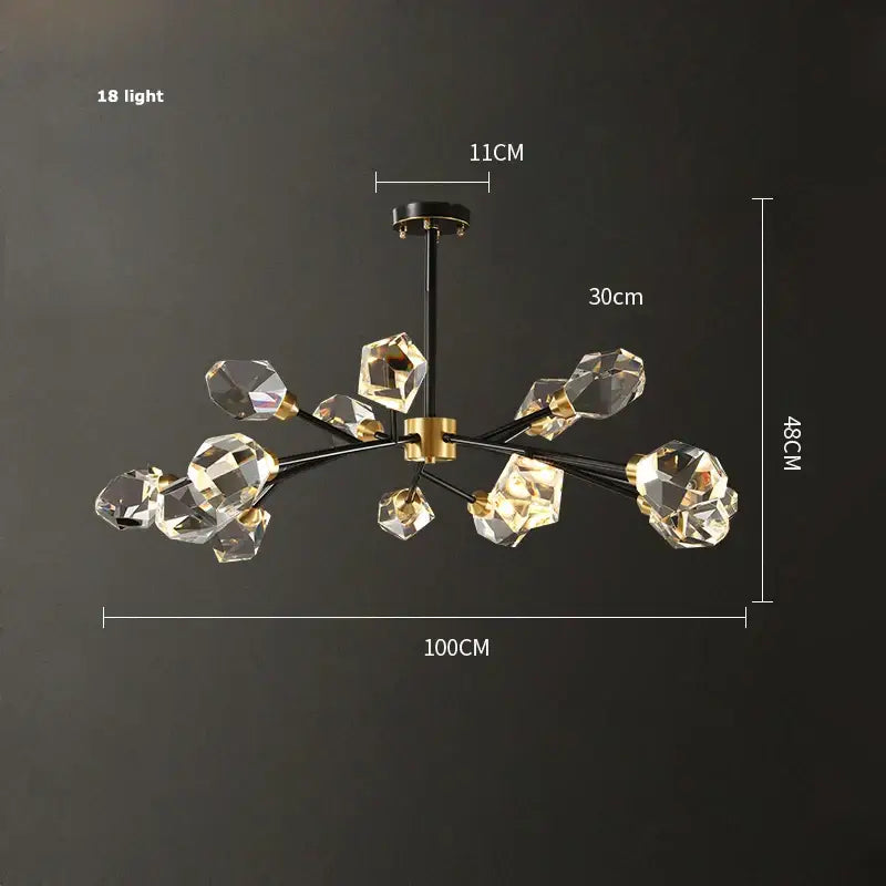 Modern black crystal copper led chandelier with 18 illuminated facets black metal arms and gold accents for dining room decorbites black crystal