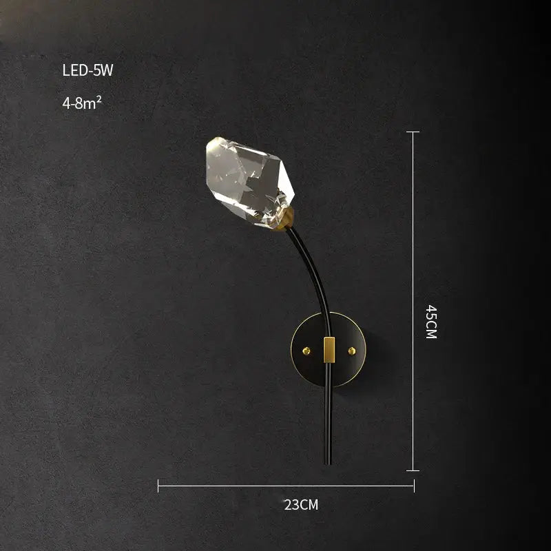 A sleek black crystal copper led wall sconce with faceted clear bulb and gold-toned accents for modern decorbites black crystal lighting