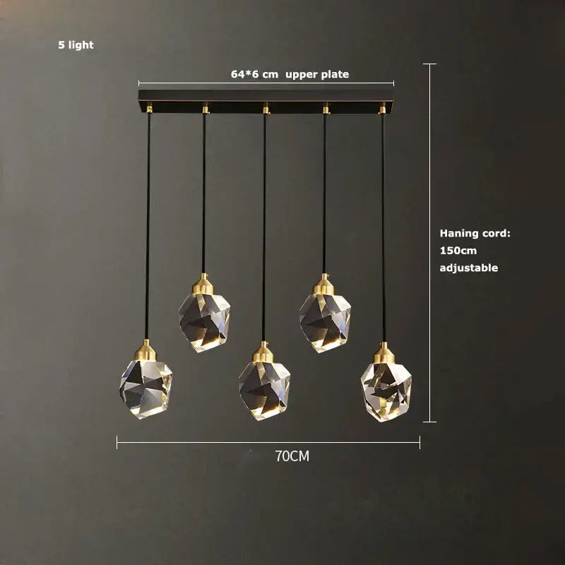 Modern black crystal copper led chandelier with five faceted crystal shades and gold-toned fixtures for dining room decorbites black crystal