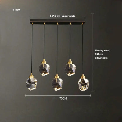 Modern black crystal copper led chandelier with five faceted crystal shades and gold-toned fixtures for dining room decorbites black crystal