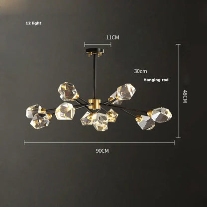 Modern black crystal copper led chandelier with twelve faceted lights on black metal frame and gold-toned accents decorbites black crystal
