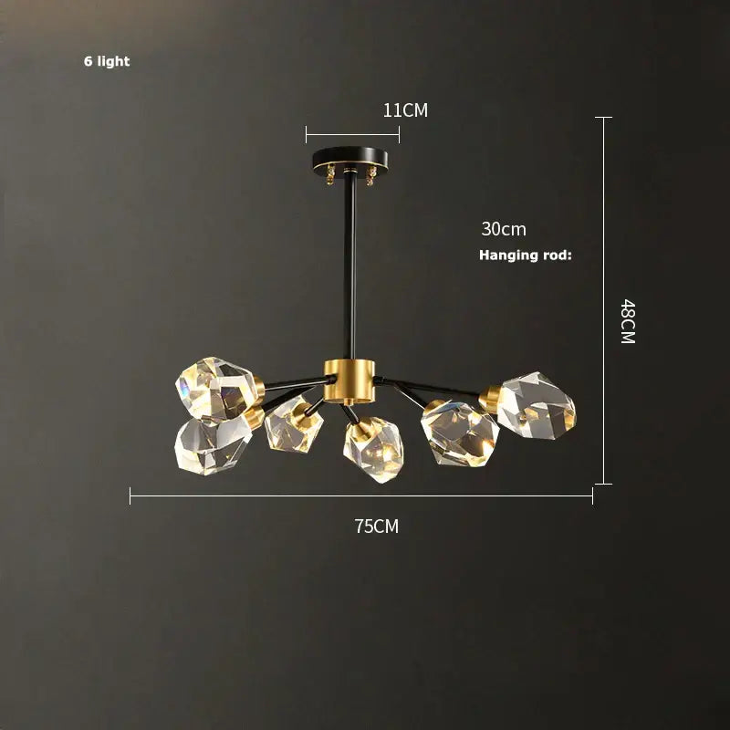 Modern black crystal copper led chandelier with six crystal light fixtures and black and gold metal arms for dining room decorbites black crystal