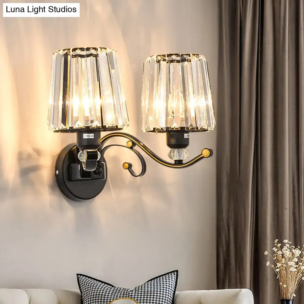 Elegant modern black crystal design wall light with dual-arm prismatic shades for stylish living room lighting