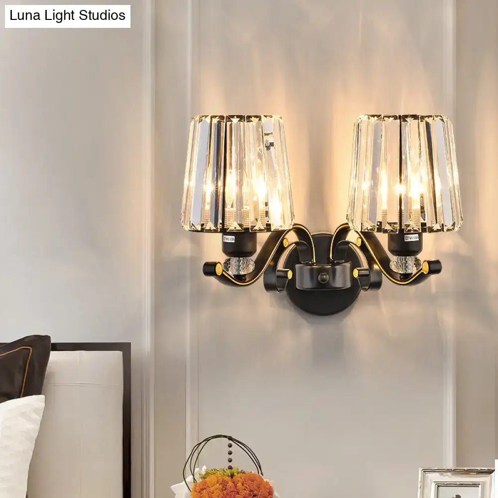 Elegant black and gold modern wall light with two crystal design fixtures for stylish living room illumination