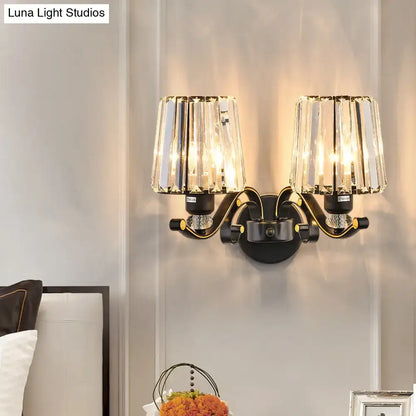 Elegant black and gold modern wall light with two crystal design fixtures for stylish living room illumination