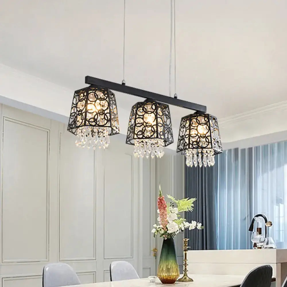 Modern black wrought iron crystal droplet chandelier light fixture with three ornate crystal-adorned shade shapes