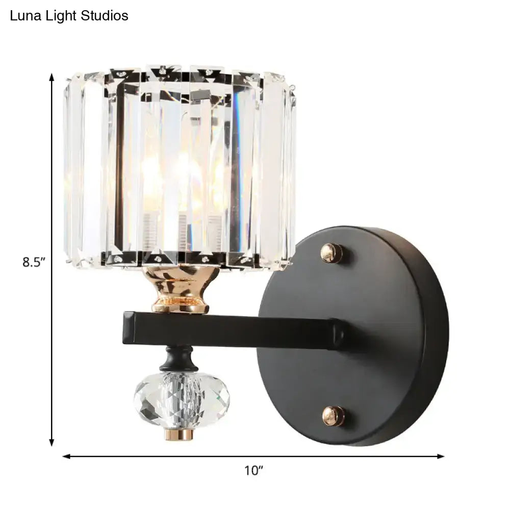 Elegant modern black crystal drum wall sconce with faceted shade and gold accents flush mount wall light for living room
