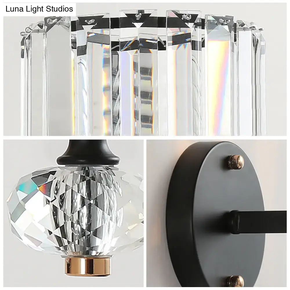 Modern black crystal drum wall sconce with faceted glass globe and prism accents flush mount wall light