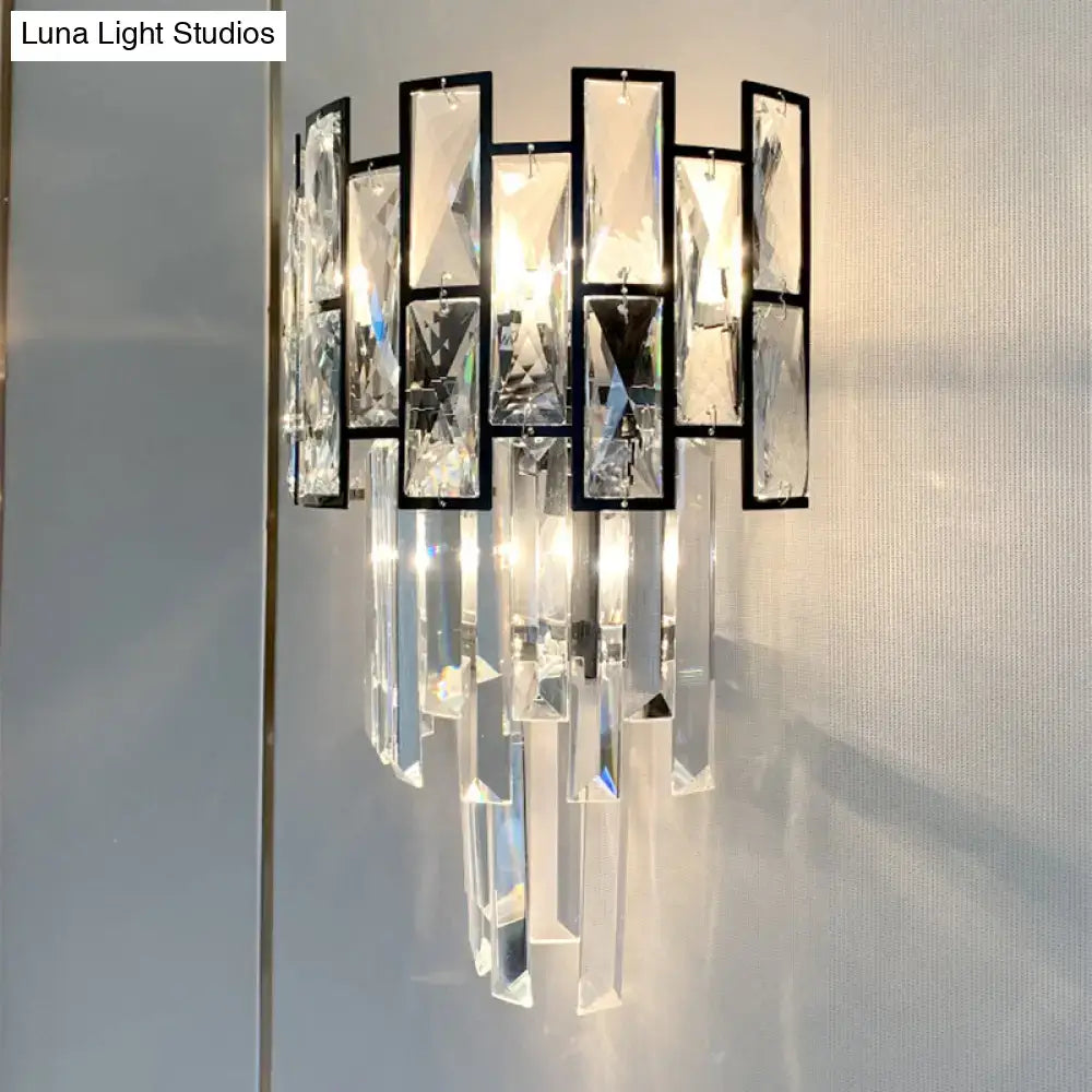 Modern black crystal embedded wall sconce with black metal frame and clear crystal prisms for 110v-120v or 220v-240v use