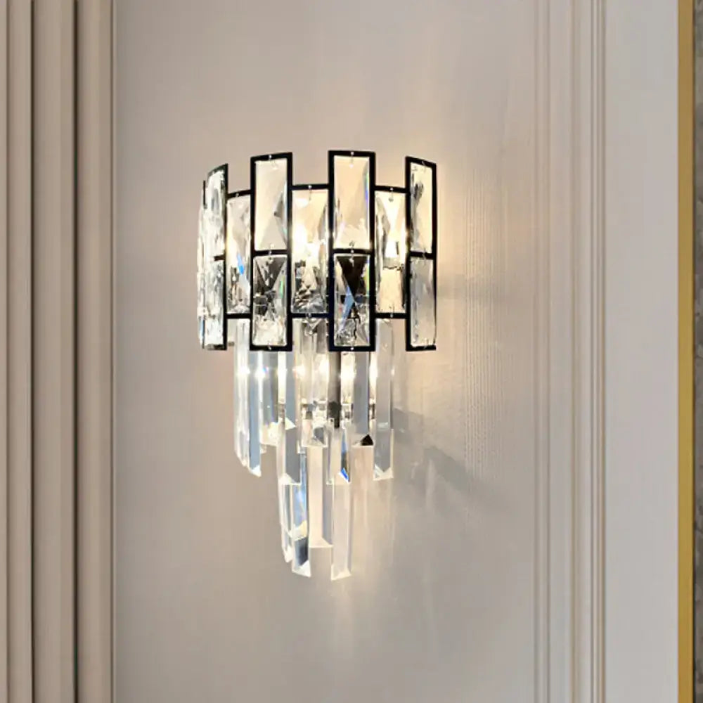 Modern black crystal embedded wall sconce with clear faceted panels and prisms for 110v-120v or 220v-240v use