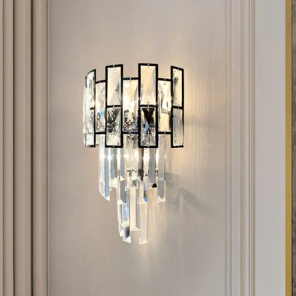 Modern black crystal embedded wall sconce with clear faceted panels and prisms for 110v-120v or 220v-240v use