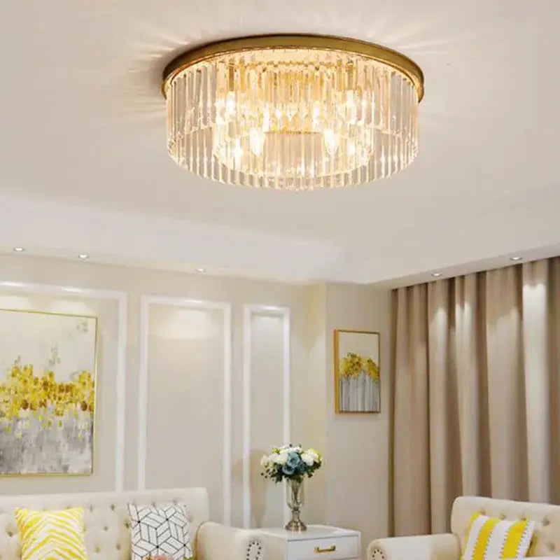 Modern black crystal flush mount ceiling light with gold-toned frame and cascading clear crystal rods for living room decorbites crystal flush