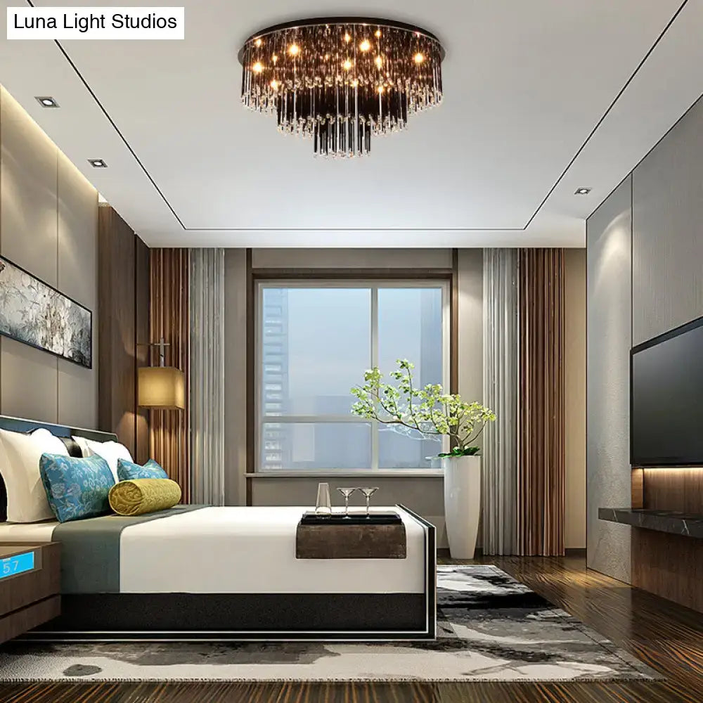 DecorBites™ modern black crystal flush mount chandelier with circular frame and cascading crystal strands for bedroom